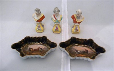 Lot 65 - Pair of Continental dishes painted with a duel and hunting scenes and three Continental busts (5)