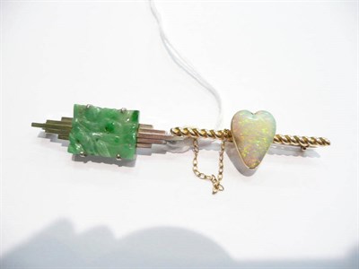 Lot 79 - An opal heart bar brooch (opal chipped) stamped '15CT' and a jade brooch stamped '9CT'