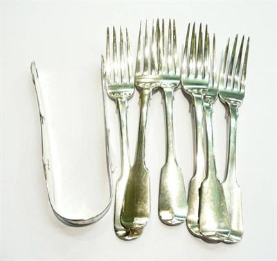 Lot 81 - A composite set of six silver dessert forks and a pair of silver sugar tongs by Anne & Peter...