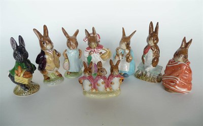 Lot 236 - Eight Beswick Beatrix Potter Rabbits 'Mr Benjamin Bunny'; 'Mrs Rabbit and Bunnies'; 'Poorly...