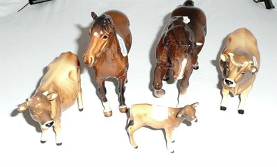 Lot 288 - Beswick including Jersey bull, cow and calf, brown jogging mare and a New Forest pony (a.f.)