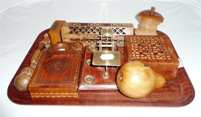 Lot 297 - Mouseman ashtray, treen nutcracker, postal scales and other treen