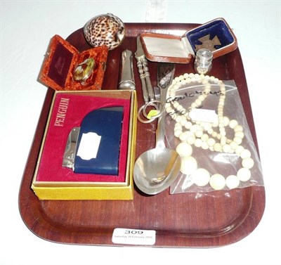 Lot 309 - Ivory beads, Russian spoon, cigarette holder and case, etc