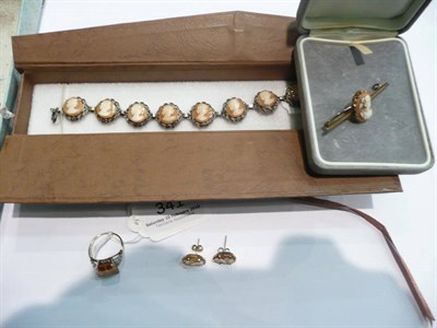 Lot 341 - Citrine and 9 carat gold ring, cameo bracelet, earrings and a bar brooch