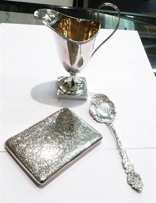 Lot 343 - Silver cream jug, silver cigarette case and spoon