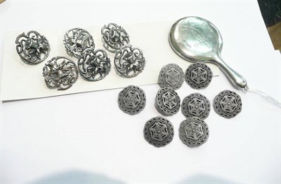 Lot 349 - Set of six silver Art Nouveau buttons as daffodils, babies silver hand mirror and eight other...