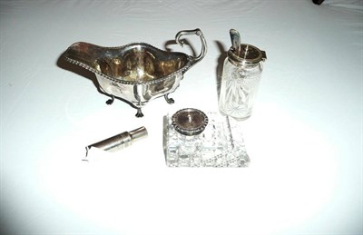 Lot 365 - Silver sauce boat, Birmingham 1903, silver mounted inkwell, plated and glass condiment and...