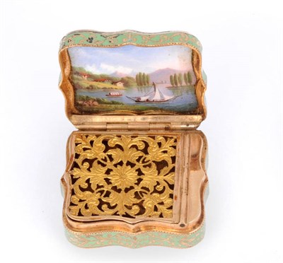 Lot 523 - A Swiss Gold and Enamel Vinaigrette, circa 1850, of bracketed rectangular shape, with all-over...