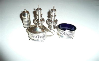 Lot 366 - A silver three piece condiment set and a pair of pepperettes