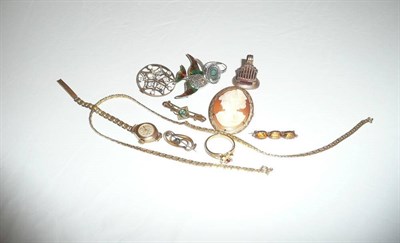 Lot 367 - A cameo brooch and various pieces of silver and gold jewellery including a lady's watch