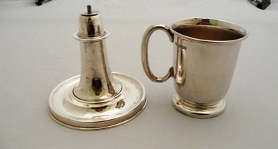 Lot 381 - Silver lighter with circular base and a silver mug