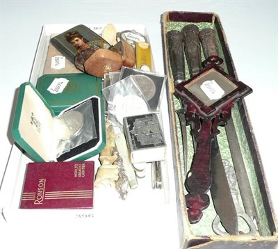 Lot 396 - Mother of pearl card case, coins, bone spoons, carving set etc