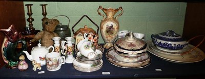 Lot 404 - Majolica fish jug, two copper lustre jugs, teddy bear, Wedgwood meat plate, brass and other...