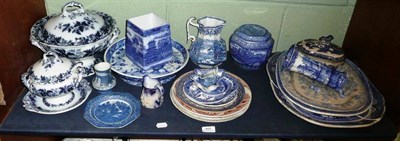 Lot 405 - Shelf of blue and white including pickle dish, three Coalport goblets and Maling ware