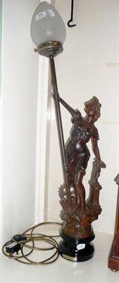 Lot 408 - A French bronzed spelter figural lamp with etched shade 'L'Industrie'