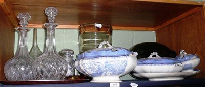 Lot 416 - Shelf of ceramics and glass including a large smokey glass vase, a pair of decanters, bowls,...