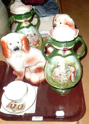 Lot 423 - Pair of Staffordshire spaniel dogs, blue and white tea wares, pair of vases, etc