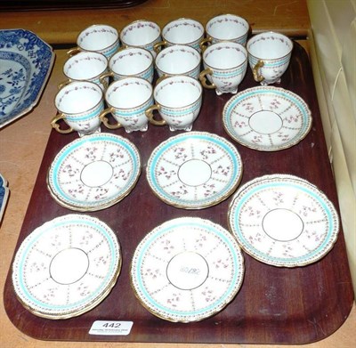 Lot 442 - A Royal Crown Derby part coffee service, each with rosebud design and turquoise band border,...