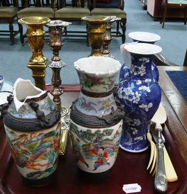 Lot 447 - Pair of 17th century-style candlesticks, brass candle holder, Chinese vases etc (a.f.)