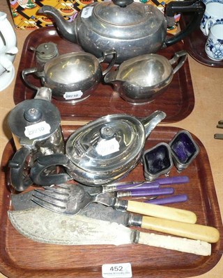 Lot 452 - Silver teapot, silver hot water jug, pair of silver salts, plated tea set, plated flatware etc