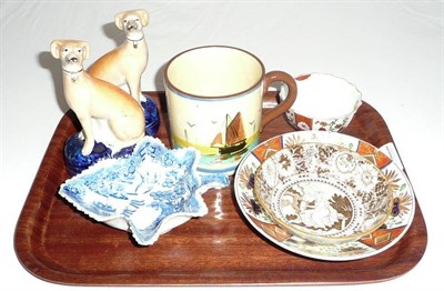 Lot 472 - Pair of Staffordshire greyhounds, Worcester tea bowl, blue and white pickle dish, two saucers...