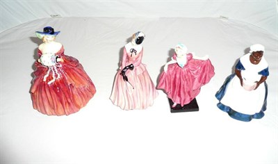 Lot 474 - Four Royal Doulton figures; Genevieve HN1962, Delight HN1772, Milady HN1970 and Royal...