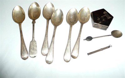 Lot 478 - Silver tortoiseshell small box, six silver teaspoons, a bean-end spoon and a cigar piercer