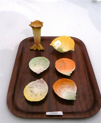 Lot 480 - Five Royal Worcester shell dishes and Royal Worcester leaf-moulded specimen vase