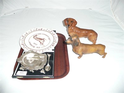 Lot 491 - A Border Fine Arts Dachshund, a Beswick Dachshund, a cased set of six EPNS spoons, a white...