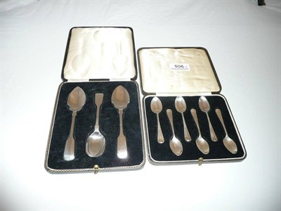 Lot 506 - A cased set of six silver coffee spoons and cased silver jam and sugar spoons