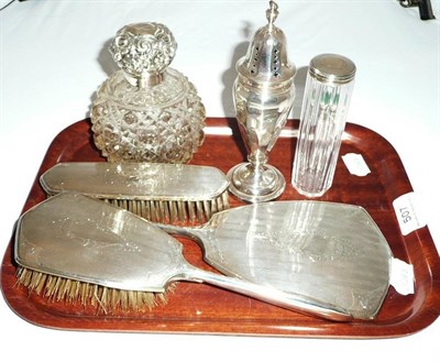 Lot 507 - Three silver dressing table pieces, perfume bottle, two silver-topped jars and a caster