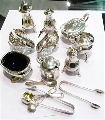 Lot 508 - Three piece silver condiment set and another, mustard pot, pair of sugar tongs, pair of silver...