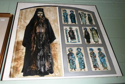 Lot 540 - Unframed painting on hardboard of a Greek priest by a panelled door