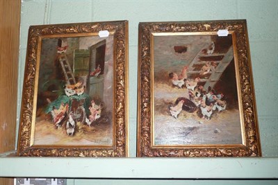 Lot 546 - Pair of oil on panel by Paul Bayart Belgium, chickens in a barn