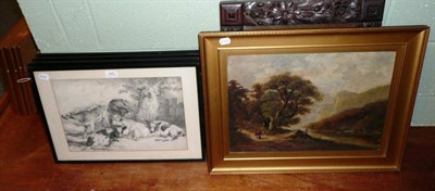 Lot 548 - Set of four prints after TS Cooper, oil of a river landscape and a carved mirror frame (6)