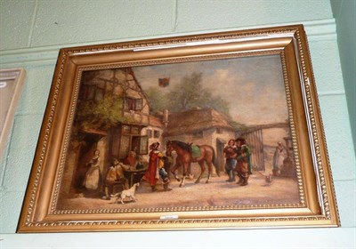 Lot 569 - Oil on canvas of an inn scene and a set of four hunting prints