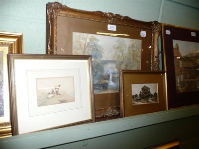 Lot 578 - A watercolour of a waterfall, watercolour of sheep, a framed colour postcard of The Shawl,...