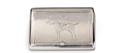 Lot 544 - A George IV Racehorse Engraved Tobacco Box, maker's mark IR, London 1820, bowed rectangular,...