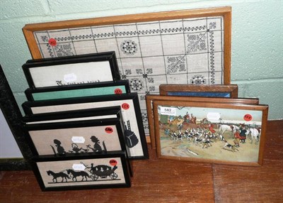 Lot 582 - Eight various framed silhouettes, pair of prints after Cecil Aldin, teapot stand and a tray (12)