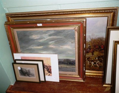 Lot 584 - Mervyn Griffith-Jones oil of a Norfolk Landscape, a hunting print after Hayward Hardy and three...