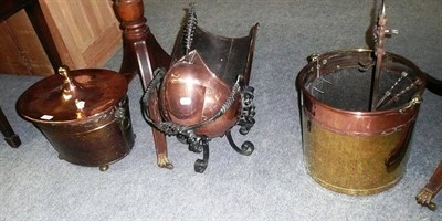 Lot 621 - Copper oval coal bin and two others and a companion set