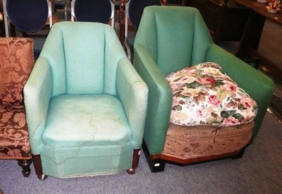 Lot 671 - An art deco walnut and ebonised framed easy chair, another similar and a Victorian nursing chair