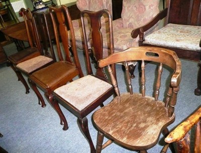 Lot 677 - Four Queen Anne-style dining chairs, a tub chair and a bentwood chair (6)