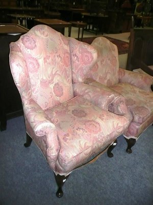 Lot 678 - Pair of Waring & Gillows, Lancaster, upholstered armchairs, stamped inside rear leg