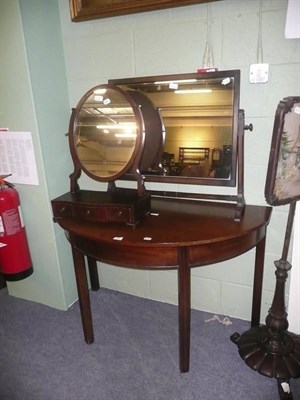 Lot 736 - A mahogany D-end table and two toilet mirrors