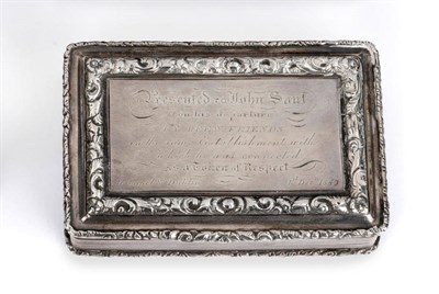 Lot 569 - A Victorian Snuffbox, Nathaniel Mills, Birmingham 1836, rectangular, line engraved engine...