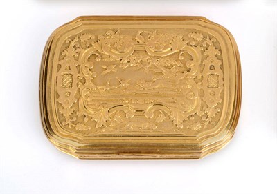 Lot 572 - A George I Gold Snuffbox, circa 1720, rounded rectangular, the lid chased and engraved with a...