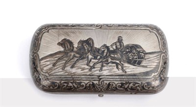 Lot 576 - A Russian Niello Cheroot Case, Moscow 1873, the hinged cover depicting two ladies being driven in a