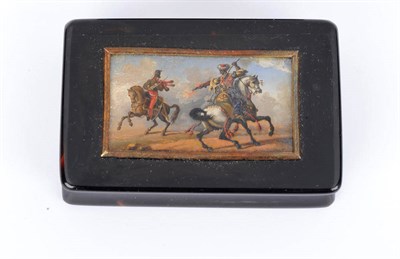 Lot 585 - A Tortoiseshell and Cavalry Scene Inset Snuffbox, mid 19th century, rectangular with concave sides