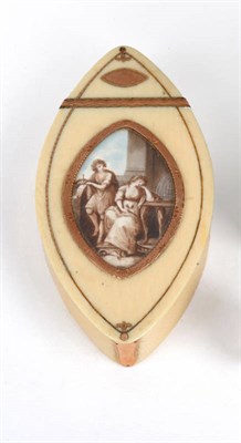 Lot 589 - A George III Ivory and Gold Mounted Snuff Box, circa 1800, of navette form, the cover with...